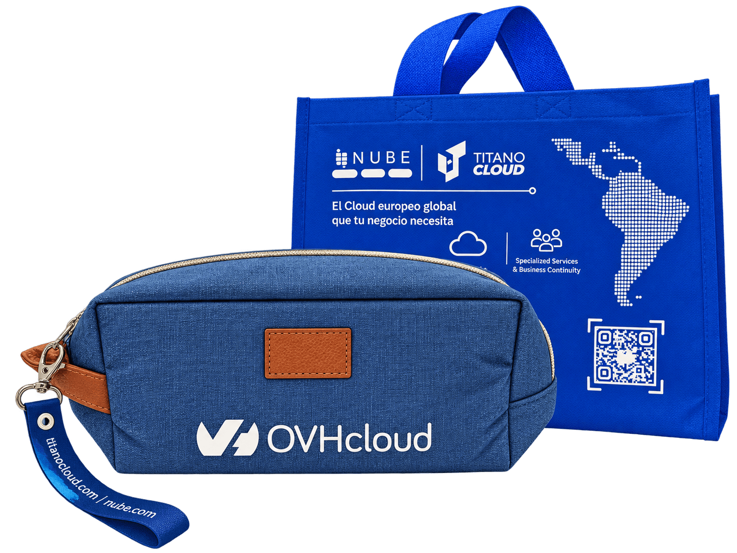 Cartuchera azul con logo OVHcloud sobre bolsa iiNube × Titano Cloud